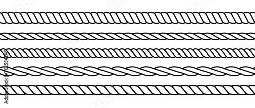 Repeating rope set. Seamless hemp cord line collection. Outline chain, braid, plait stripe bundle. Horizontal decorative plait pattern. Vector marine twine design elements for banner, poster, frame