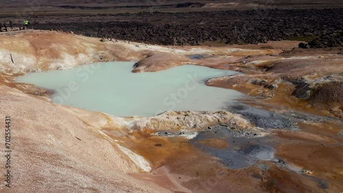 Panning shot of sulfur hot lake with turquoise water in the geothermal valley Leirhnjukur, Myvatn region, North part of Iceland, Europe photo