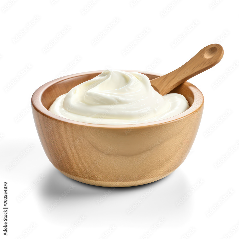 Sour cream in wooden bowl mayonnaise yogurt - obrazy, fototapety, plakaty 