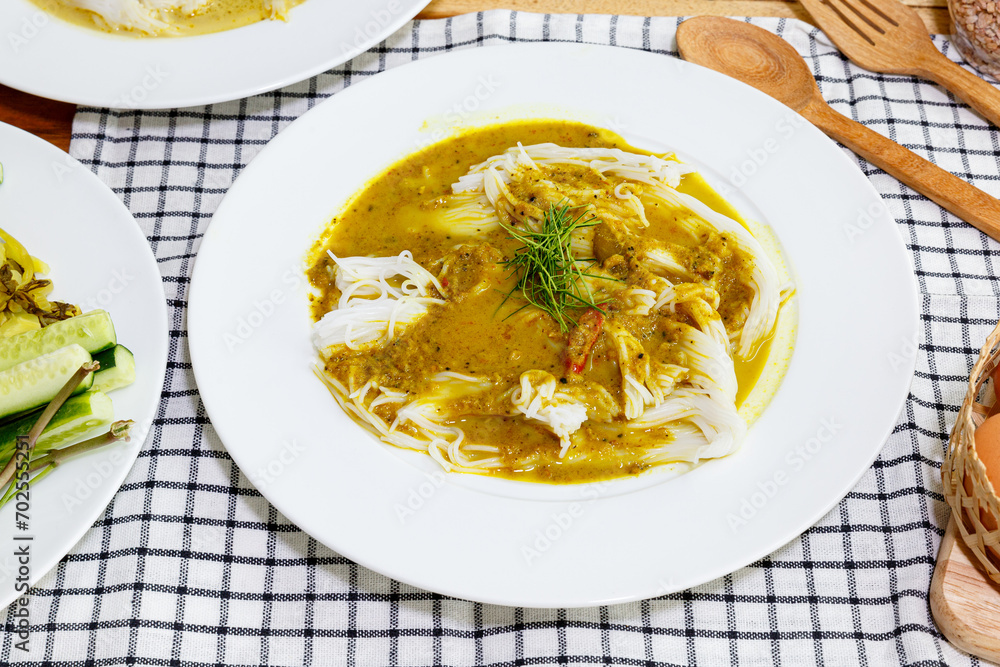 Southern Noodles in Fish Curry Sauce decorate Vegetables. Thai cuisine
