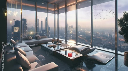 minimalist living room with floor-to-ceiling windows, seamless looping video background animation photo