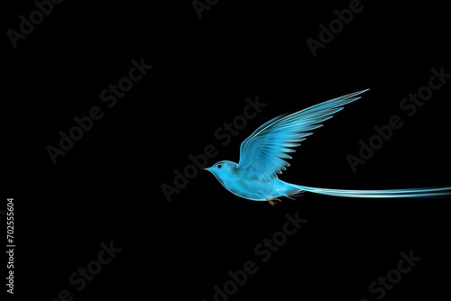 This captivating image features a stunning blue bird mid-flight with outstretched wings, showcasing intricate feather details and a graceful silhouette. The deep black background accentuates the bird