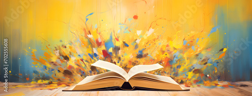 A book is open on a wooden table with a colorful background. Concept of creativity and imagination photo