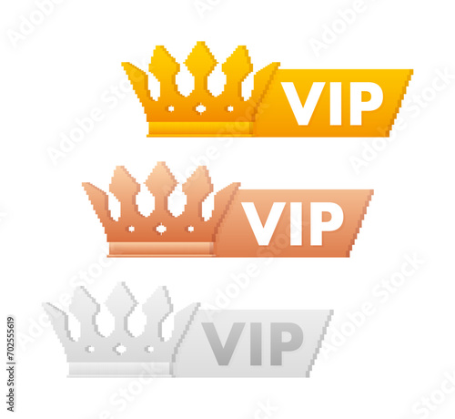 Set of Three VIP Crown Badges in Golden, Bronze, and Silver Colors for Exclusive Membership Illustration, Perfect for Loyalty Programs and Premium Services.