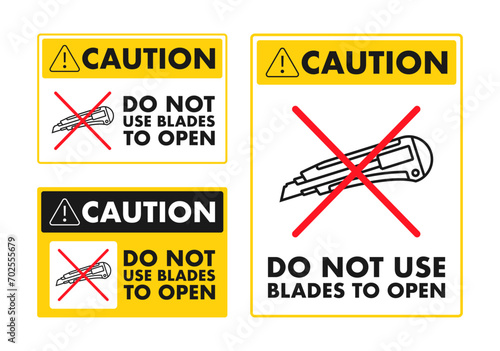 Safety warning signs vector illustration indicating not to use blades for opening packages, suitable for workplace safety and package handling instructions.