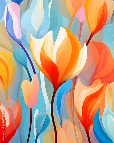 Vector painting of a field of flowers with a blue sky in the background