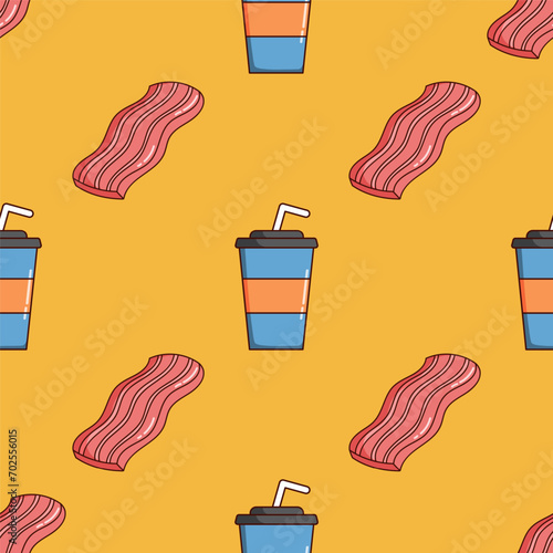doodle bacon and soda cup pattern on yellow background