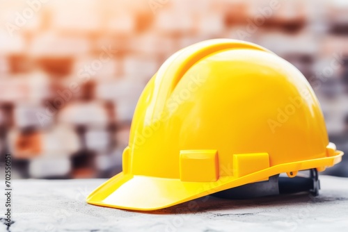 A vibrant yellow safety helmet, commonly used on construction sites for head protection, sits prominently in the foreground. The hat is placed against a blurred background suggesting an active work