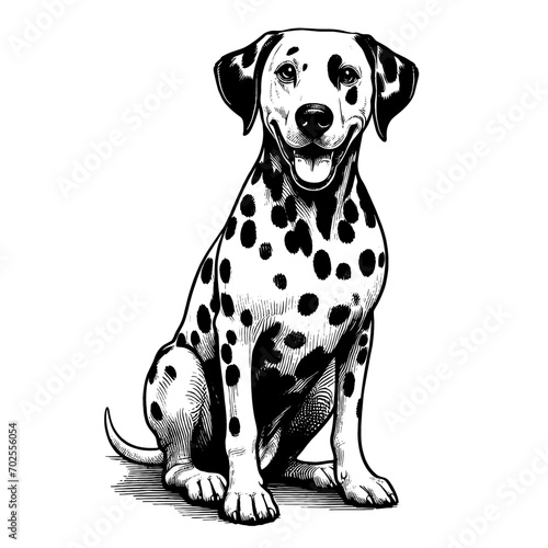 Full-length sitting Dalmatian portrait. Hand Drawn Pen and Ink. Vector Isolated on White. Engraving vintage style illustration for print, tattoo, t-shirt, coloring book