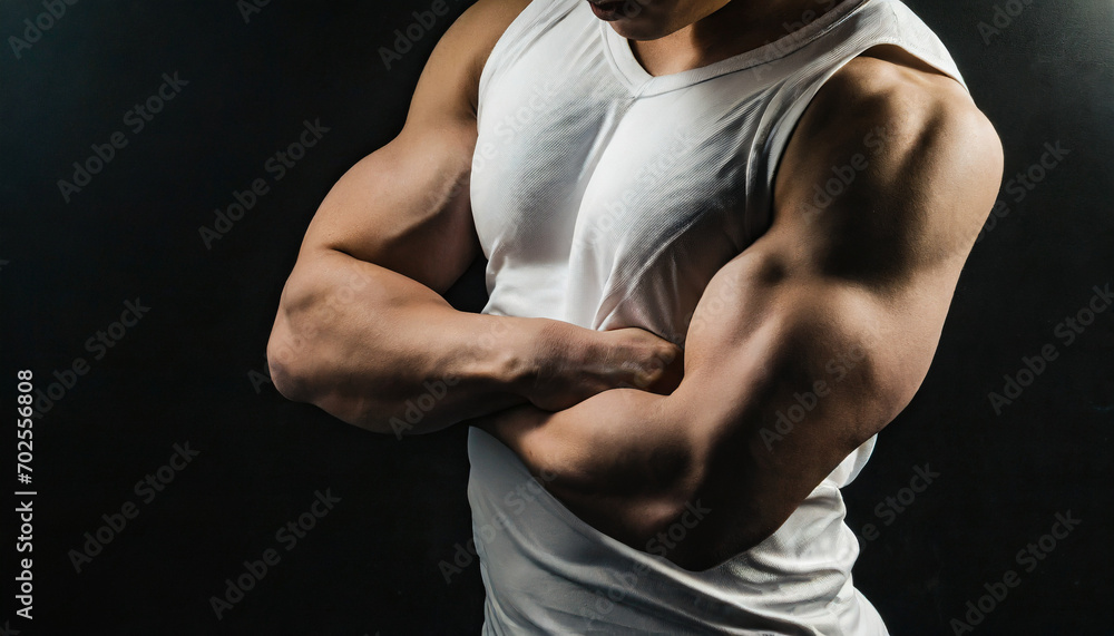 Arm muscles, crossed arms, white tank top, black background, close-up Arm muscles, crossed arms, white tank top, black background, close-up