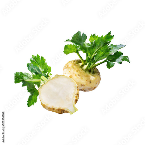 Floating Of Dirty Celeriac With Sliced, Without Shadow, Isolated Transparent Background