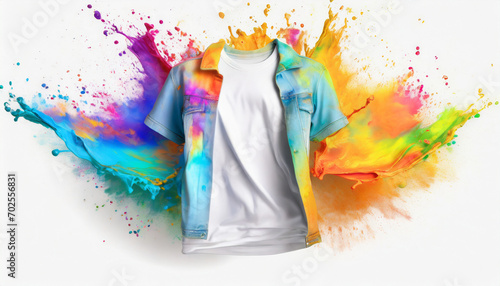 Colorful paint, white t-shirt, denim jacket, splattering, popping, white background, close-up photo
