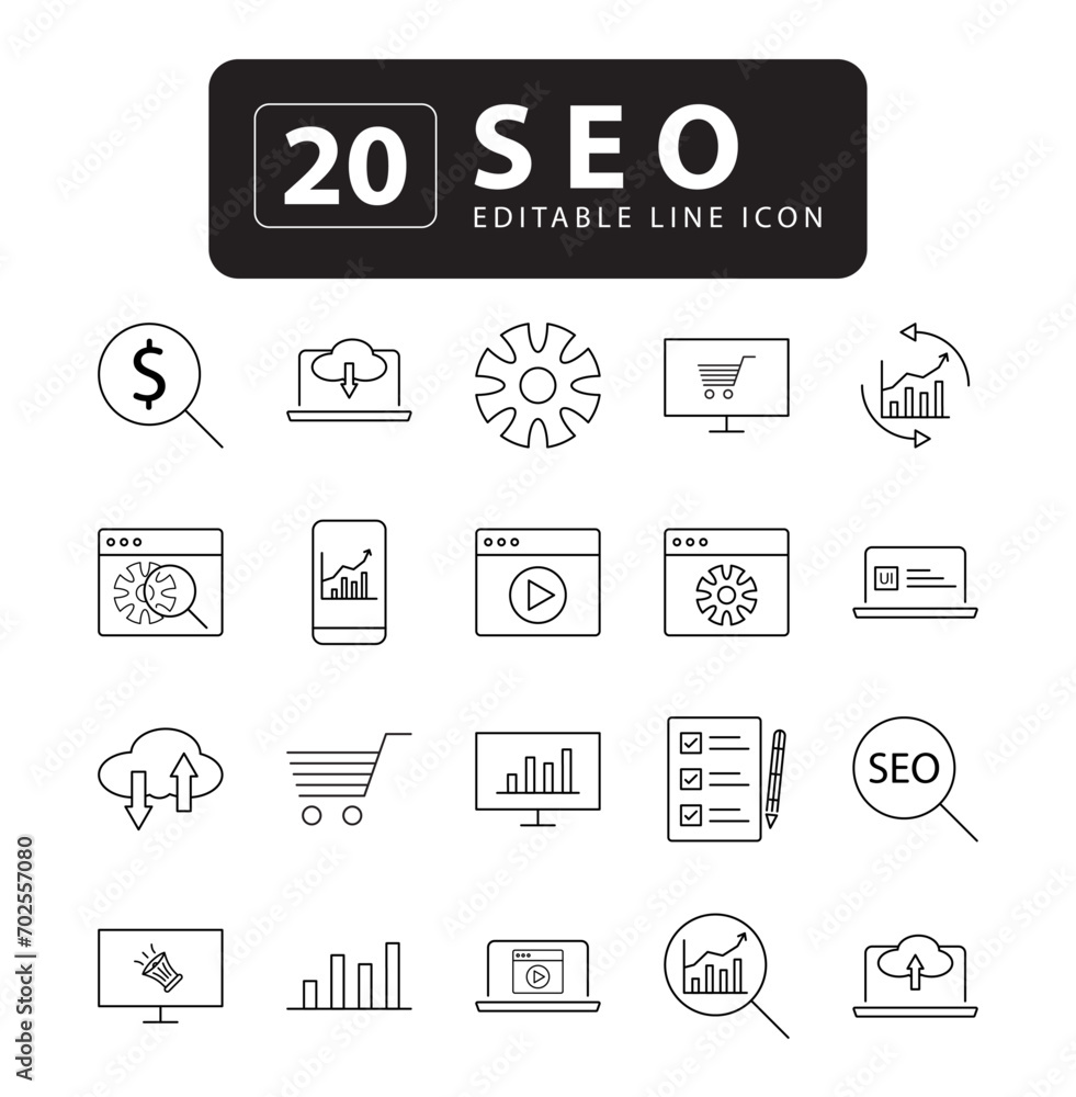 Dynamic SEO Vector Icons: Modern Thin Line Illustrations for Web Development, Strategy, and Optimization – Editable Pictograms and Infographic Elements Included. calendar, click, coding, consulting,
Dynamic SEO Vector Icons: Modern Thin Line Illustrations for Web Development, Strategy, and Optimization – Editable Pictograms and Infographic Elements Included. calendar, click, coding, consulting,