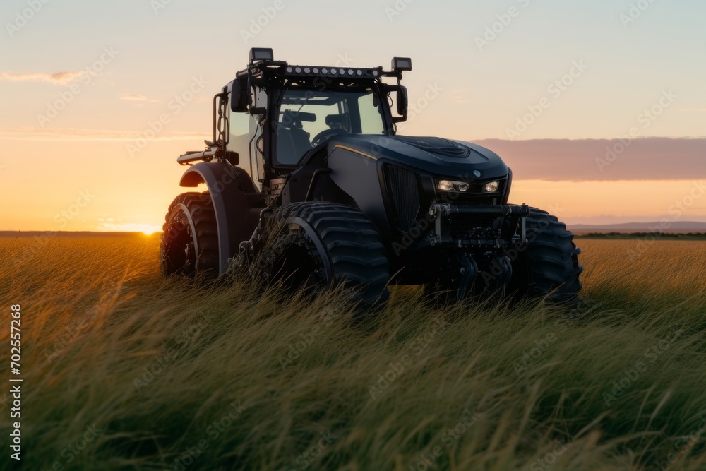 Fototapeta premium A state-of-the-art tractor stands majestically in a field of golden wheat, bathed in the warm glow of a setting sun. The horizon stretches far into the distance, promising a bountiful harvest, while