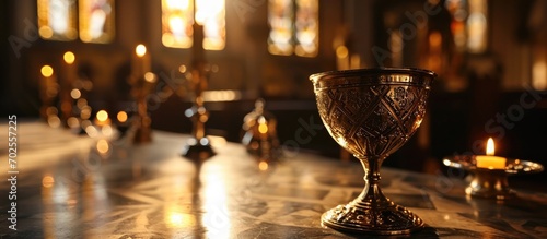 Church table with golden cup for Holy Communion.