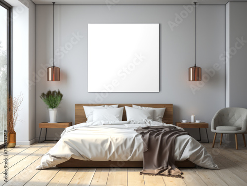 Scandinavian bedroom design with minimalist poster and warm lighting. Generative AI
