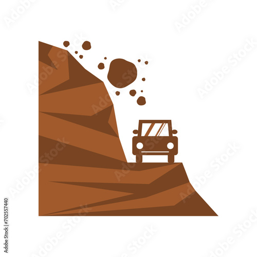 Brown beware of landslide natural disaster with car on travel street road warning sign icon flat vector design