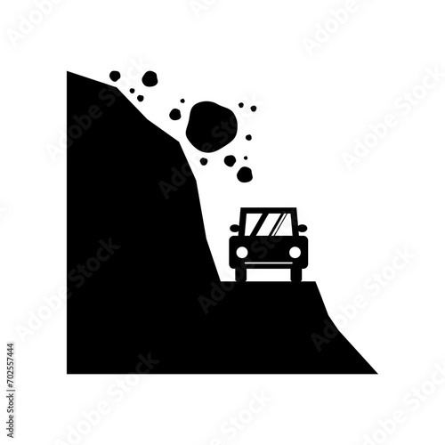 Black beware of landslide natural disaster with car on travel street road warning sign icon flat vector design