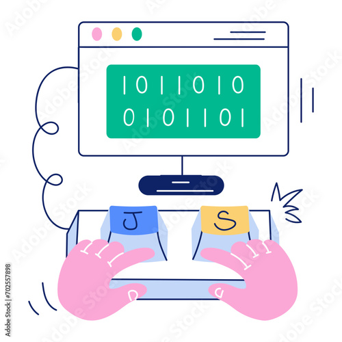 Get this hand drawn mini illustration of js coding 