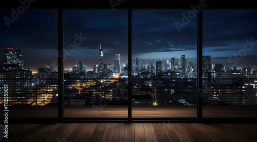 A city view from a window with a city skyline in the background. The city is lit up at night, creating a warm and inviting atmosphere