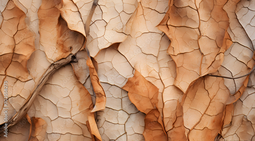 Fototapeta premium Crisp dried leaves elegantly strewn across a cracked, pale earthy background