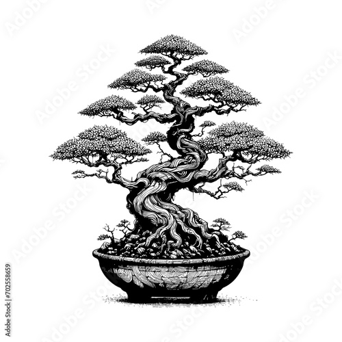 Artistic Hand Drawn Bonsai Tree Line Art Vector