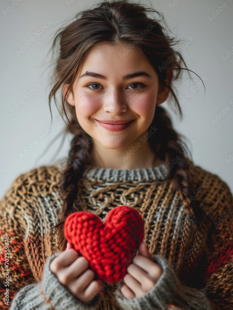 Close-up photo of a beautiful smiling young woman with braids wearing sweater and holding a knitted red heart. Valentine's Day, Hobby, Donation, Charity concept. Close-up photo of a beautiful smiling young woman with braids wearing sweater and holding a knitted red heart. Valentine's Day, Hobby, Donation, Charity concept.