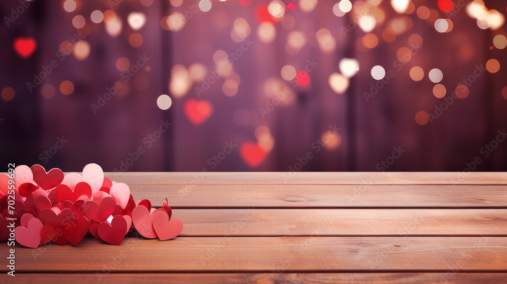 Empty old wooden table background with valentines day theme in background - obrazy, fototapety, plakaty 