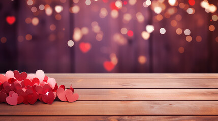 Empty old wooden table background with valentines day theme in background