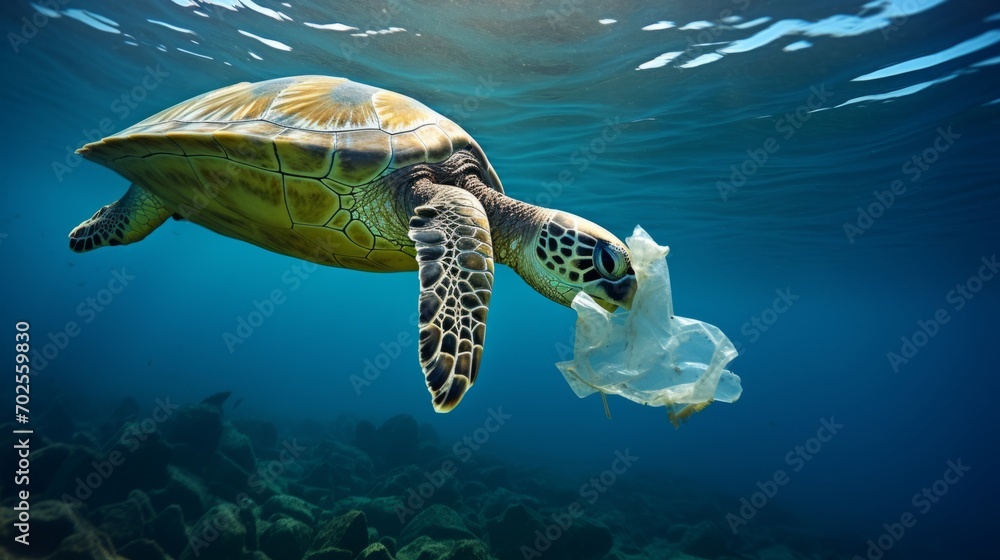 Environmental issue of plastic pollution problem. Sea Turtles can eat ...
