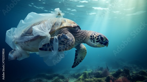 Environmental issue of plastic pollution problem. Sea Turtles can eat plastic bags mistaking them for jellyfish Sea turtle trapped in a plastic bag  Stop ocean plastic pollution concept