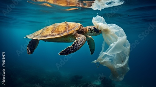 Environmental issue of plastic pollution problem. Sea Turtles can eat plastic bags mistaking them for jellyfish Sea turtle trapped in a plastic bag, Stop ocean plastic pollution concept photo