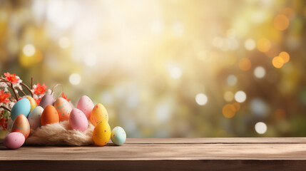 Empty wooden table background - easter spring theme