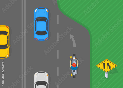 Traffic regulation tips and rules. American right lane ends traffic sign. Top view of a motorcycle rider is merging left on highway. Flat vector illustration template.