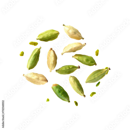 Floating Of Green Cardamom, Isolated Transparent Background