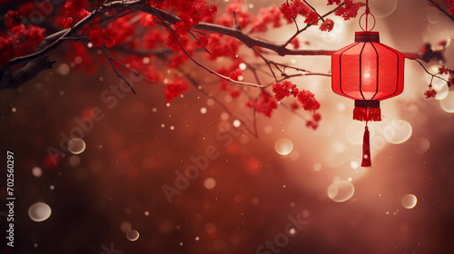 Happy chinese new year, beautiful lantern and flowers on red pink background. happy lunar day, Copy space photo