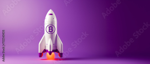 Fototapeta Naklejka Na Ścianę i Meble -  Bitcoin spaceship launching on empty background. Ai generative illustration