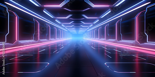 Futuristic Neon Corridor,  Luminous Pathway in a Modernistic Space Station