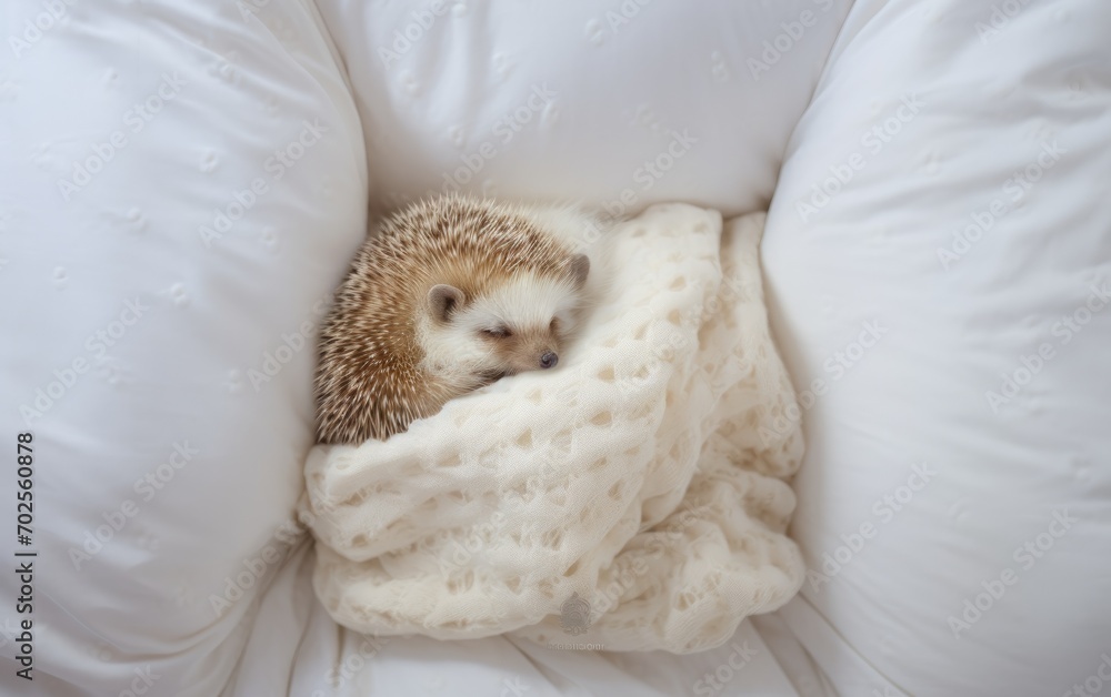 Sleeping cute hedgehog pet in the white bed. Exotic pet at home.