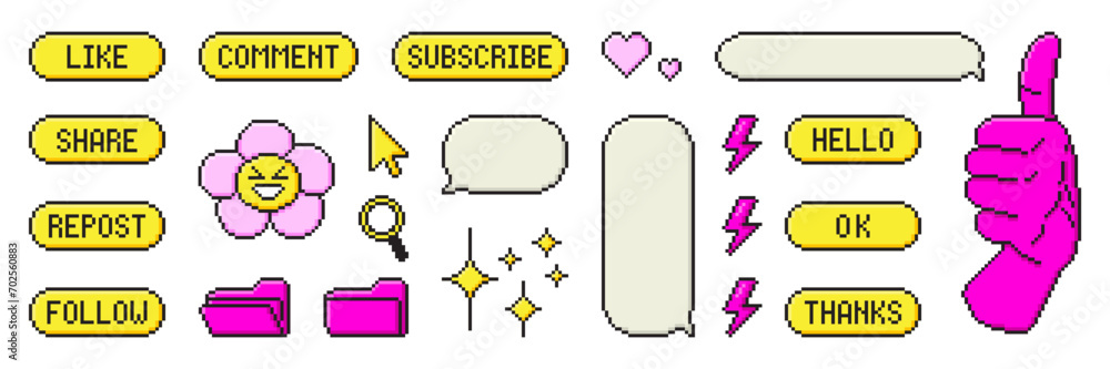 Set of pixel art dialogue box, hand, heart, star, ui, flower. Speech ...