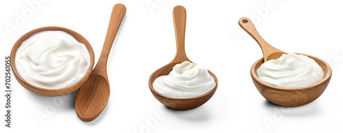 set of White yoghurt on a wood spoon on isolate transparency background, PNG