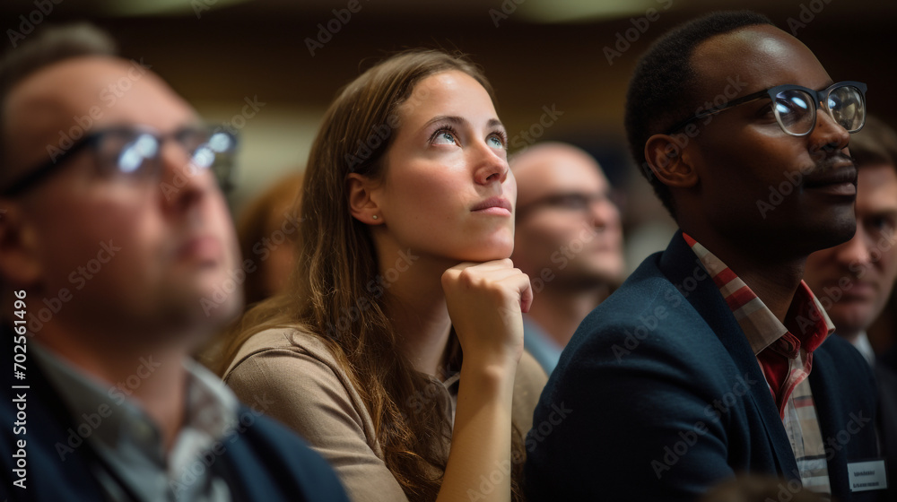 A candid moment frozen in time, capturing the collective engagement of conference attendees, their faces expressing attentiveness and intrigue as they listen to a captivating speaker