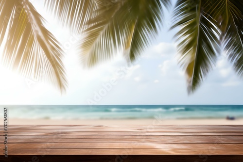 wood table  tropical beach background. mockup style  summer vacation background concept