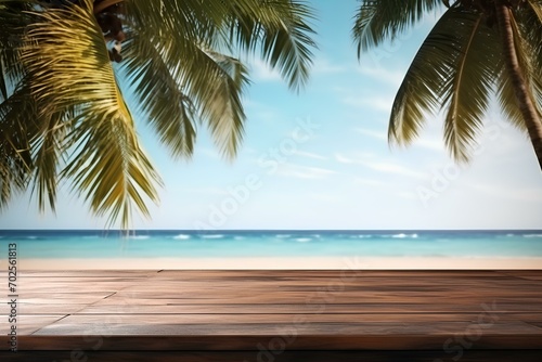 wood table  tropical beach background. mockup style  summer vacation background concept