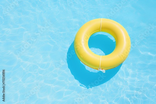 yellow swimming pool ring float in blue water. concept summer background, top view with copyspace
