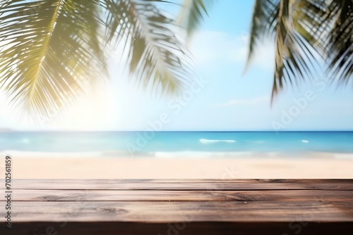 wood table, tropical beach background. mockup style, summer vacation background concept