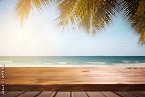 wood table  tropical beach background. mockup style  summer vacation background concept