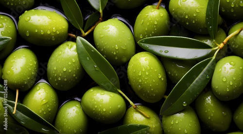 Fresh Green Olives Texture with Dew Drops photo