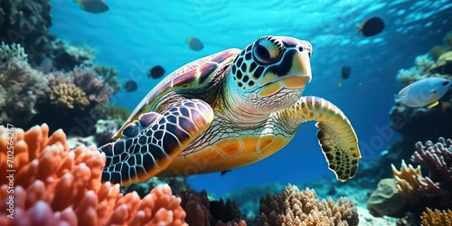 Cruising Turtle Amongst the Underwater Coral Scenery