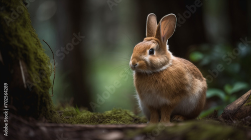 A wild orange Rabbit/bunny with big ears in a fresh green forest. AI Generative